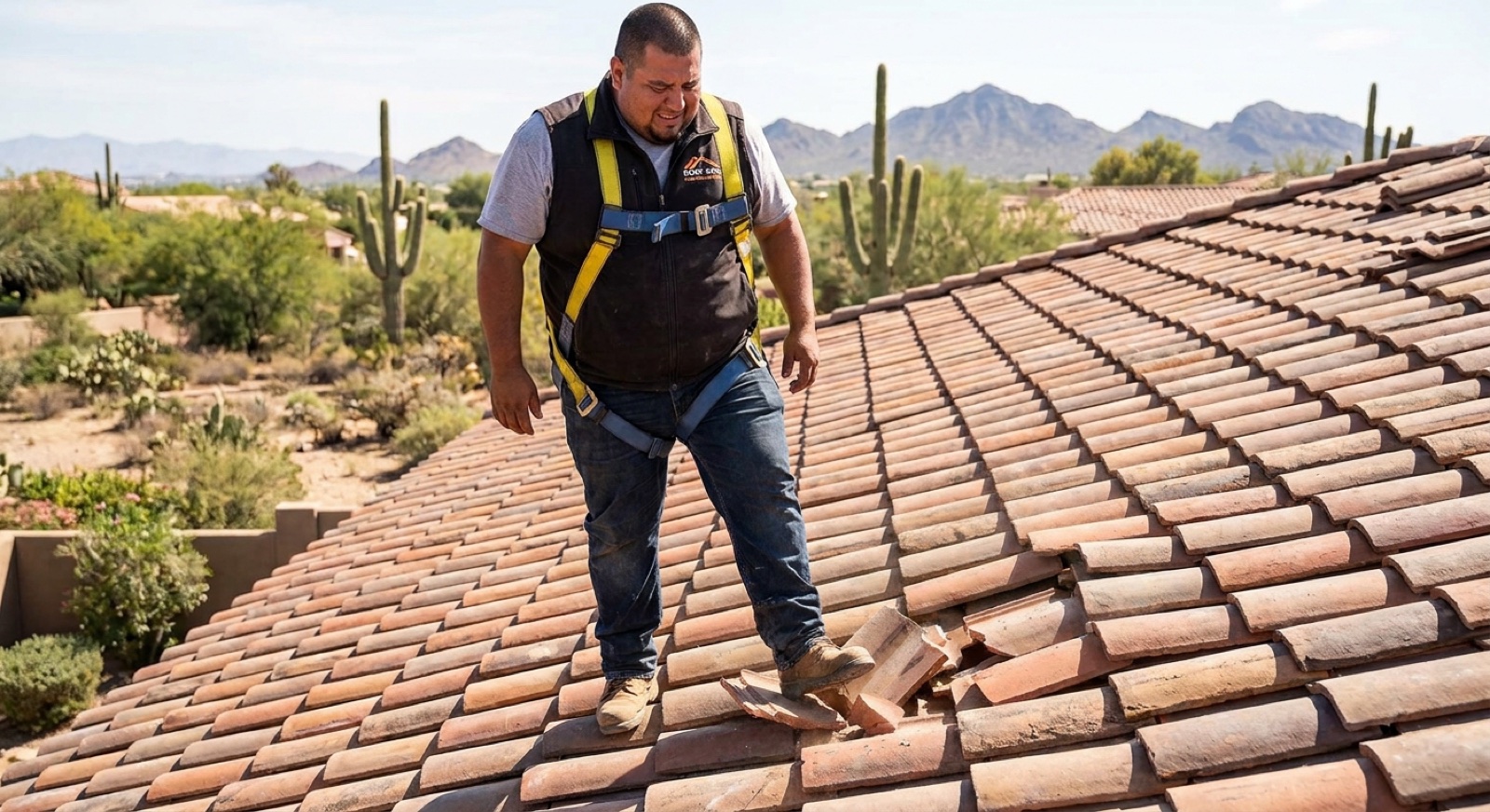 A contractor cracking a fragile clay tile underfoot during a walk-on inspection